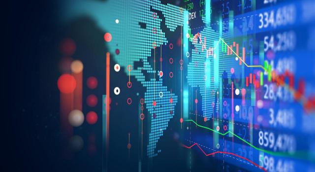 Transacciones. Gráfico de inversión en el mercado bursátil con datos de indicador y volumen