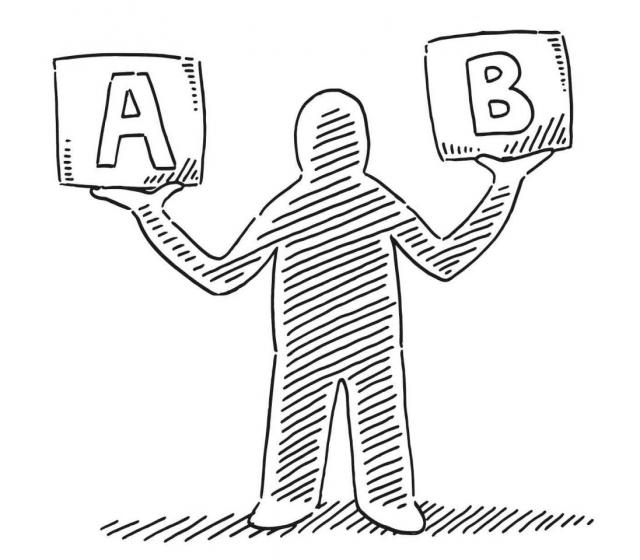El juicio por la caja B del PP. Imagen de un muñeco con los brazos en alto como una balanza, y en un brazo tiene la letra A y en el otro la letra B